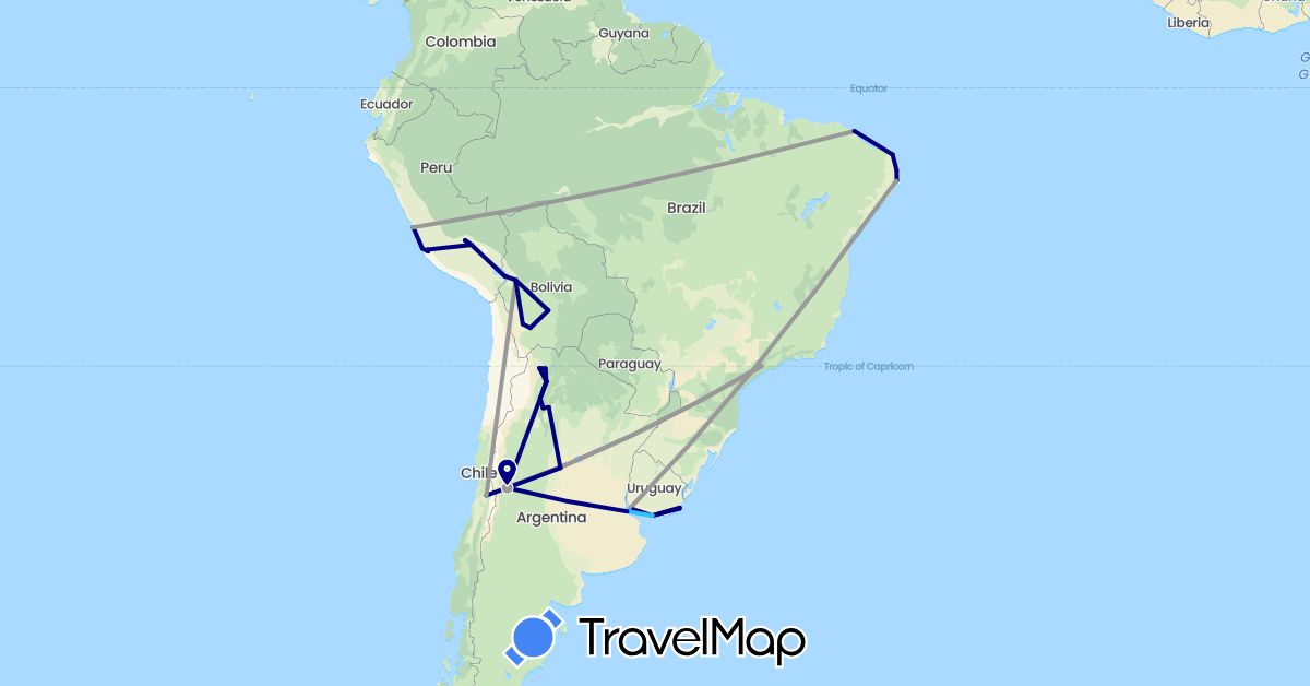 TravelMap itinerary: driving, plane, boat in Argentina, Bolivia, Brazil, Chile, Peru, Uruguay (South America)